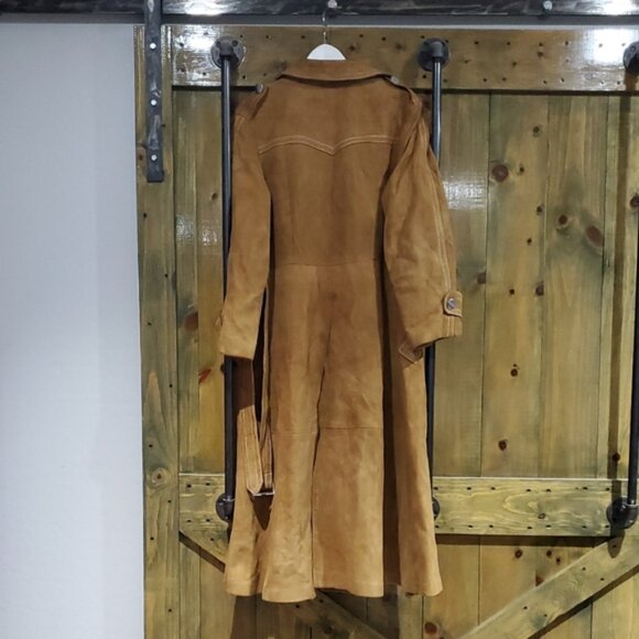 Vintage Tan Caramel Suede Leather Lined Trench Coat 70s 80s Dan Di Modes W Belt - Picture 16 of 16